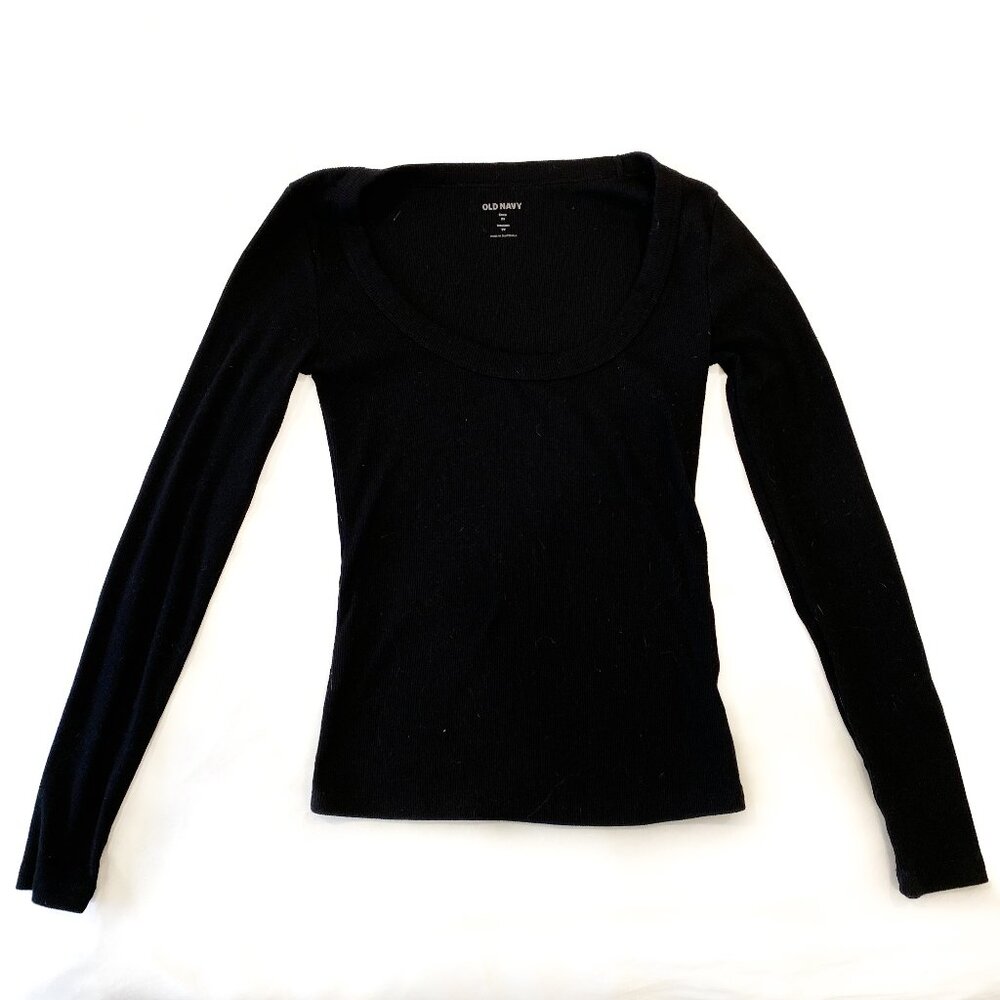 Old Navy Black Cotton Long-Sleeve Ribbed Scoop Neck Top Size XS